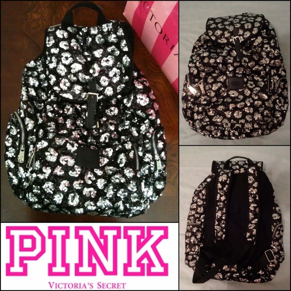 VS PINK Leopard Sequin Bling Backpack Bookbag Bag